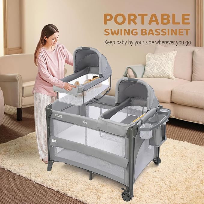 JOYMOR Twin Bassinet for Baby, Bedside Bassinet, Convertible to Bedside Sleeper and Playpen, with Wheel, Brake, Foldable Side Sleeper, Gray