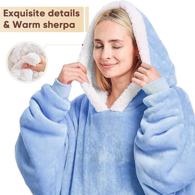 yescool Wearable Blanket Hoodie - birthday gifts for Adults/Women/mom, Flannel Cozy Sherpa Fleece Blanket Sweatshirt with Hood, Pocket & Sleeves, Large, One Size Fits All (Celeste)