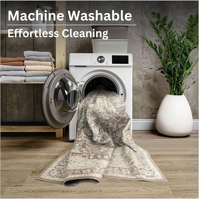 Bloom Rugs Washable Non-Slip 7 ft Runner - Light Brown Traditional Medallion Runner for Entryway, Hallway, Bathroom, and Kitchen - Exact Size: 2.5' x 7'