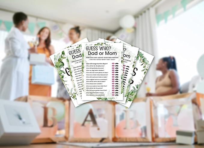 Baby Shower Game Cards, Guessing Who Dad or Mom Game, Tropical Jungle Theme Party Cards for Gender Neutral Boys or Girls, Set of 30 Cards(Green007)