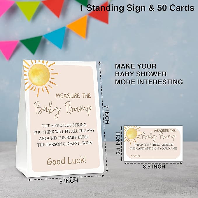 Measure the Baby Bump Baby Shower Game Set, 1 Standing Sign with 50 Guessing Cards, Boho Sunshine Gender Reveal Party Decorations Supplies - B06