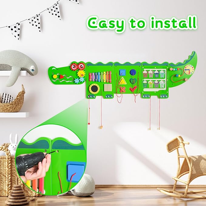 Crocodile Sensory Toys Activity Wall Panels, Educational Montessori Busy Board for Toddlers, Activity Cube - Sensory Wall, Wooden Learning Toys, Interactive Toy-Green