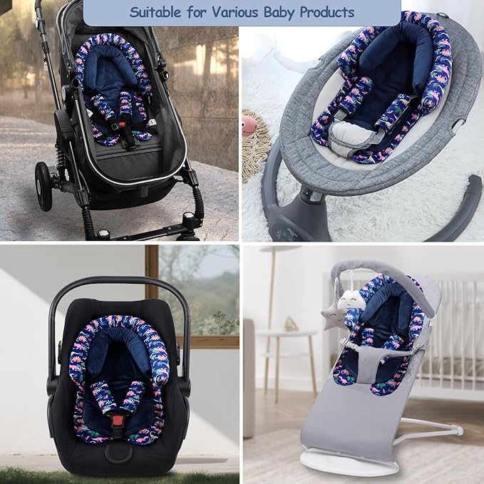 SWESEN Baby Car Seat Head Support, Super Soft 2 in 1 Infant Car Seat Insert, Reversible Newborn Car Seat Insert Cushion with Strap Covers for Strollers, Bouncers, Swing, Navy Dinosaur