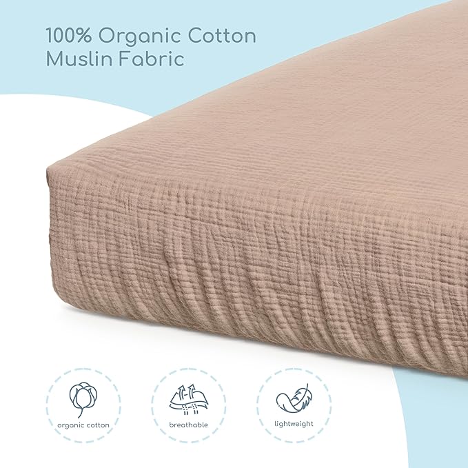 Muslin Crib Sheets, 100% Organic Cotton, Breathable and Ultra-Soft, Standard Crib Sheet Mattress (28"x 52") for Girls and Boys, Neutral Fitted Baby Crib Sheet (Tan)