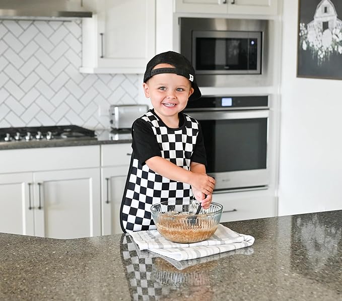 BapronBaby Black Checkerboard Bapron - No Neck Tie Safer Bib for Baby & Toddler - Soft Waterproof Stain Resistant - Machine Washable - Sz Baby/Toddler 6m-3T