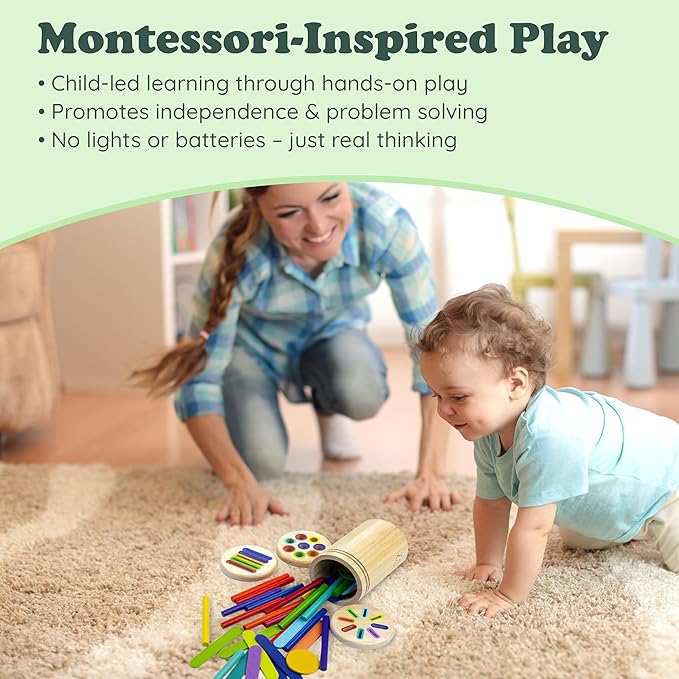Bublo Baby Montessori Toy for 1–3 Year Olds – 46-Piece Wooden Color Sorting & Stacking Set – Fine Motor Skills Educational Preschool Toy – Travel-Friendly Montessori Gift for Toddlers Boys & Girls