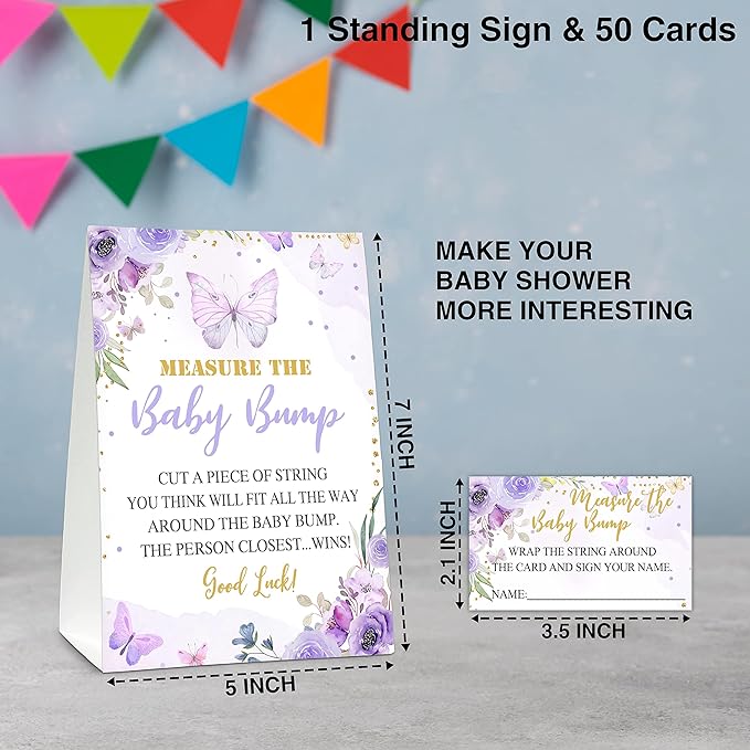Measure the Baby Bump Baby Shower Game Set, 1 Standing Sign with 50 Guessing Cards, Butterfly Gender Reveal Party Decorations Supplies - B02