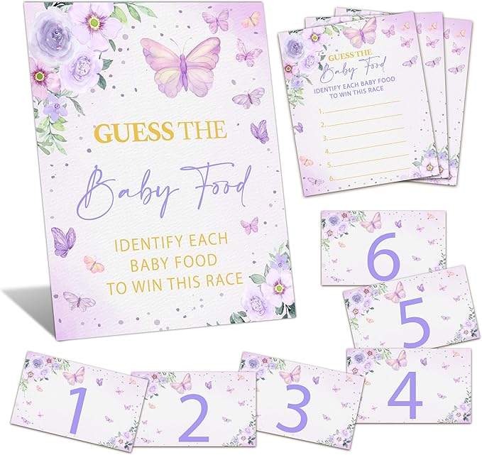Guess the Baby Food Game Shower, 8x10 Inches Sign 25 Answer Cards and 6 Number Cards, Butterfly Kisses Shower Party Decorations Supplies Favors - C04