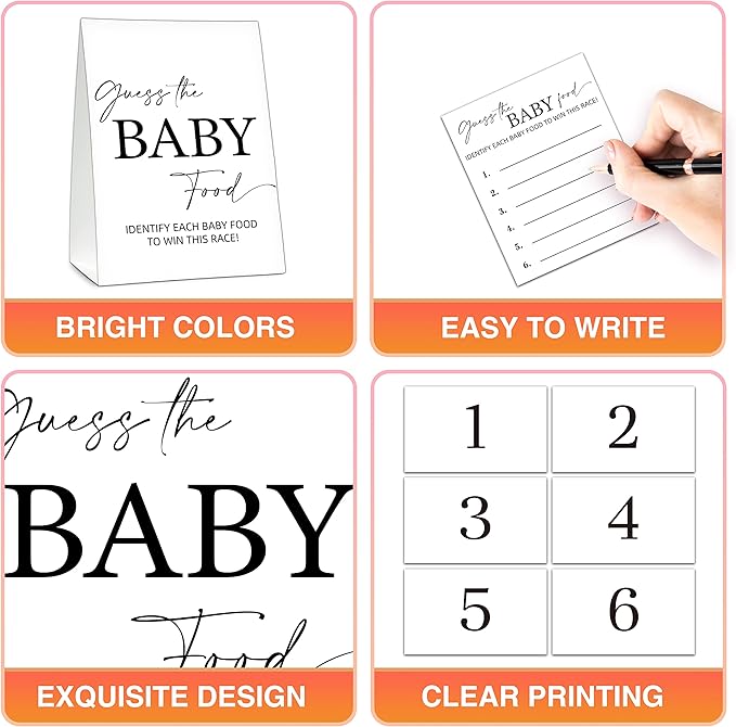 Guess The Baby Food Game, Modern Black and White Baby Shower Game Card Set, Minimalist Boy Girl Gender Neutral Baby Shower Supplies-B04