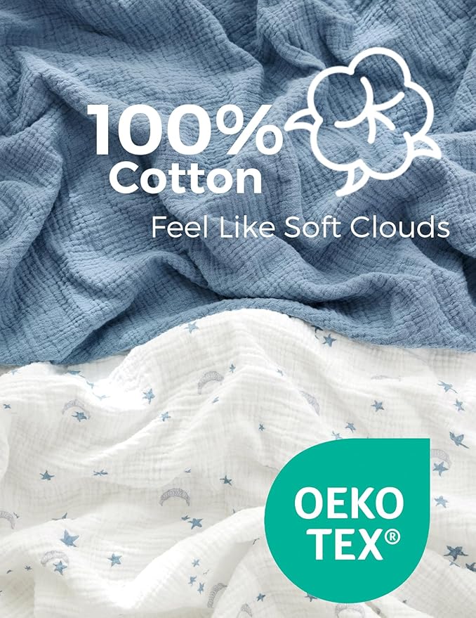 Momcozy Muslin Fitted Mini Crib Sheets, 38''x26'', 2 Pack Soft Breathable Natural Cotton Baby Mattress Sheet, 360° Mattress Wrapping No Slip Boys Girls Neutral Toddler Bed Sheet, Blue Star Moon