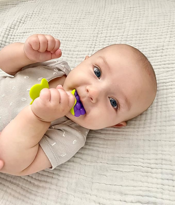 RaZbaby Infant & Baby Massager & Teether Toy 3-Pack, Fruit-Shaped Multi-Texture Teethers Soothe Sore Gums, Non-Toxic BPA-Free Food-Grade Silicone, Hands-Free & Easy to Hold, Safe to Freeze, 3M+