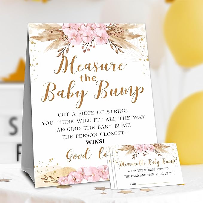 Boho Floral Baby Shower Measure Maternal Bump Game Set - Standalone Sign & 50 Tickets - Gender Reveal, Announcement & Shower Activity & Party Favor - A05