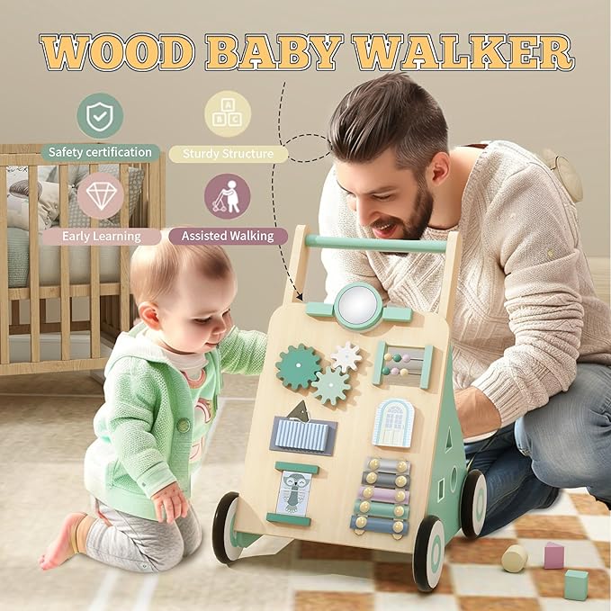Wooden Baby Walker, Wood Push Walker Adjustable Height and Speed Multiple Learning Activity Walker Baby Walker with Wheels for Girls 6-12 Months, Green