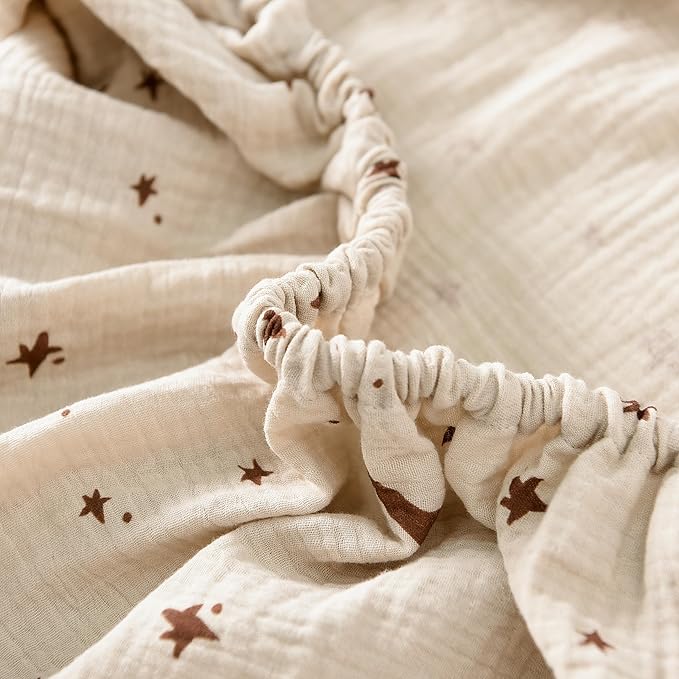 Baby Crib Sheets 2 PCS, 100% Organic Cotton Crib Sheet for Standard Crib Mattress(52”x 28”), Fitted and Soft Breathable Muslin Crib Mattress Sheet for Girl and Boy (Star, Brown)