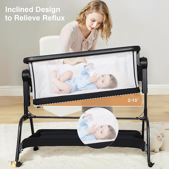 Bedside Cribs 3 in 1 Baby Bassinet Bedside Sleeper with Adjustable Height Easy Folding Portable Crib Comfy Mattress and Wheels - Black
