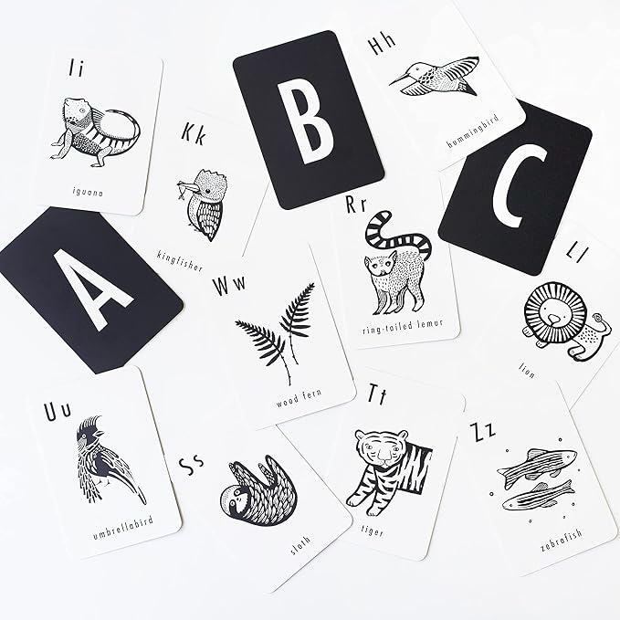 Wee Gallery Educational Flashcards for Babies, Double Sided Black and White Learning Flash cards, Jungle Animal Alphabet Cards for Visual Stimulation and Cognitive Development of Infants and Toddlers