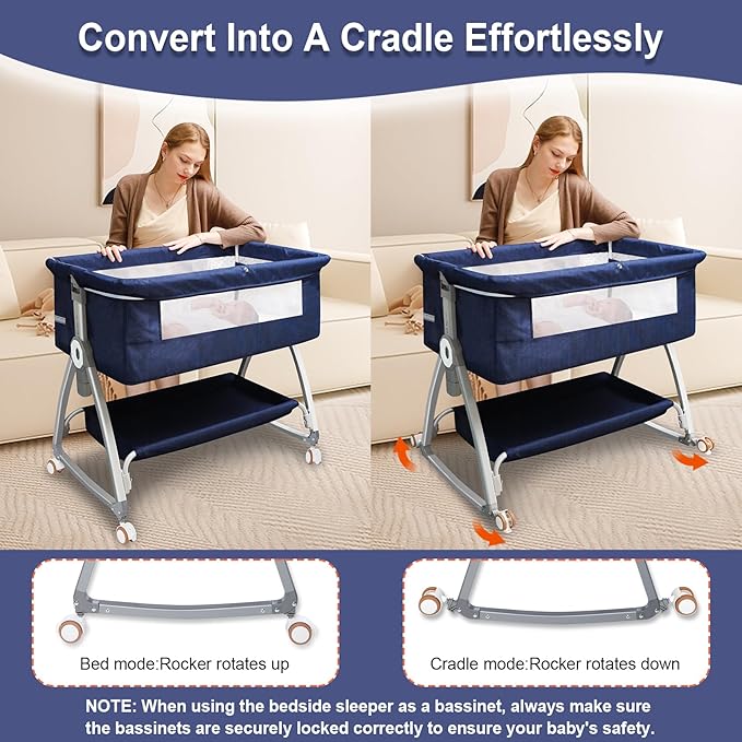 Bassinets Bedside Sleeper for Baby,YTHFGRT 3 in 1 Bedside Bassinet with 4 Auto-Lock& 6 Height Adjustable,Moises Para Nias Recien Nacidas Breastfeeding Friendly,Portable Bedside Crib for Newborn Infant