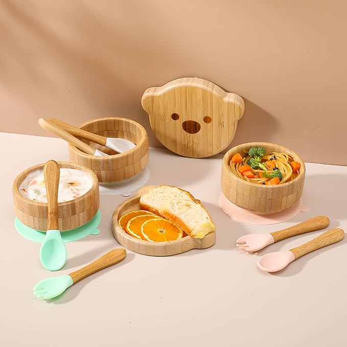 Baby Bowls with Lid,HBM Bamboo Suction Bowls for Baby and Spoon Set,3PC Feeding Supplies Set for Infant, Toddlers,Detachable Silicone Suction Stay Put Base for Wooden Bowl (Mint)