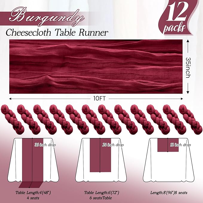 12Pack Burgundy Table Runners 10FT Cheesecloth Table Runner 35x120inch Cheese Cloth Table Runner Rustic Boho Gauze Table Runners for Party Wedding Birthday Dining Bridal Baby Shower Decor