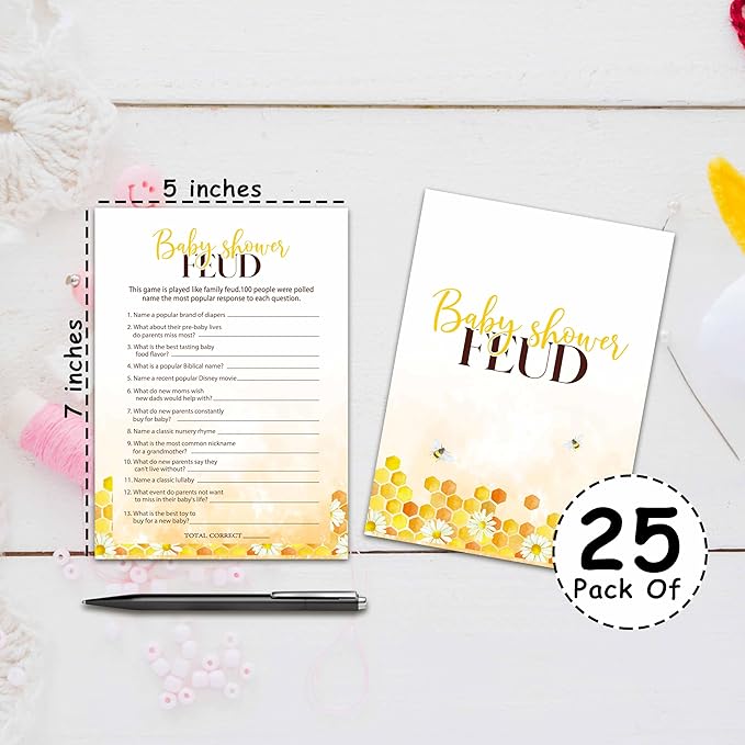 Baby Shower Party Games, Baby Shower Feud Game, 25 Honey Bee Gender Reveal Party Games Cards (5" X 7"), Bumble Bee Baby Shower Supplies Decorations -02