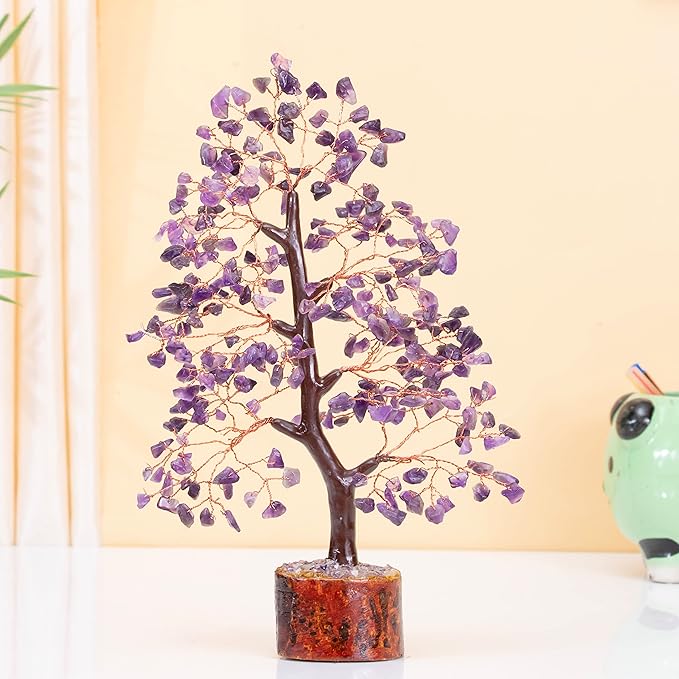 Crocon Amethyst Gemstone Tree Feng Shui Figurine Money Bonsai Chakra Balancing Good Luck Reiki Healing Crystals Decoration Ornament Sculpture Prosperity Table Decor Gift Size 10-12"