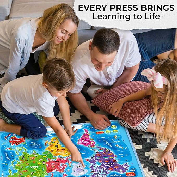 QUOKKA Educational Toys for Kids 5-7 Year Old - World Map Learning Wall Chart for Toddlers Age 3 4 6+ - Interactive Speech Therapy Poster Boy Girl - Autism Puzzle Game 8-10-12