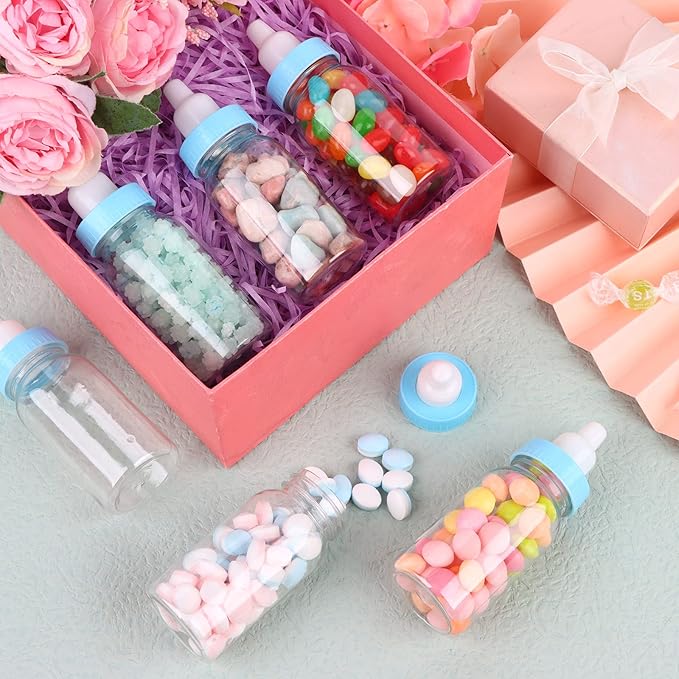 60 Pcs 4.5 Inch Baby Mini Milk Bottle Baby Shower Favor Fillable Feeding Bottle Candy Box Small Plastic Candy Container DIY Gift for Boy Girl Newborn Baptism Party Decor (Blue)