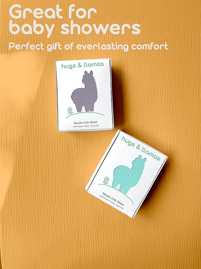 Hugs & Llamas | 100% Organic Cotton Muslin Fitted Crib Sheets for Boys & Girls - Neutral Crib Mattress Sheets