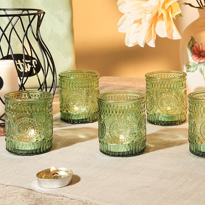 30 Pcs Votive Candle Holders, 2x2.5iInch Green Glass Tea Light Candle Holders for Christmas Decorations, Butterfly Pattern Votives for Wedding, Christmas, Party Decor & Gift-Giving