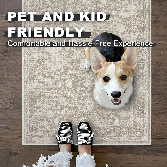 KILOCOCO Area Rug 3x5 Entryway Rug Washable Printed Vintage Floral Rubber Backed Non Slip Indoor Kitchen Rugs for Living Room Laundry Room Playroom Mudroom Moroccan Area Rugs, Beige