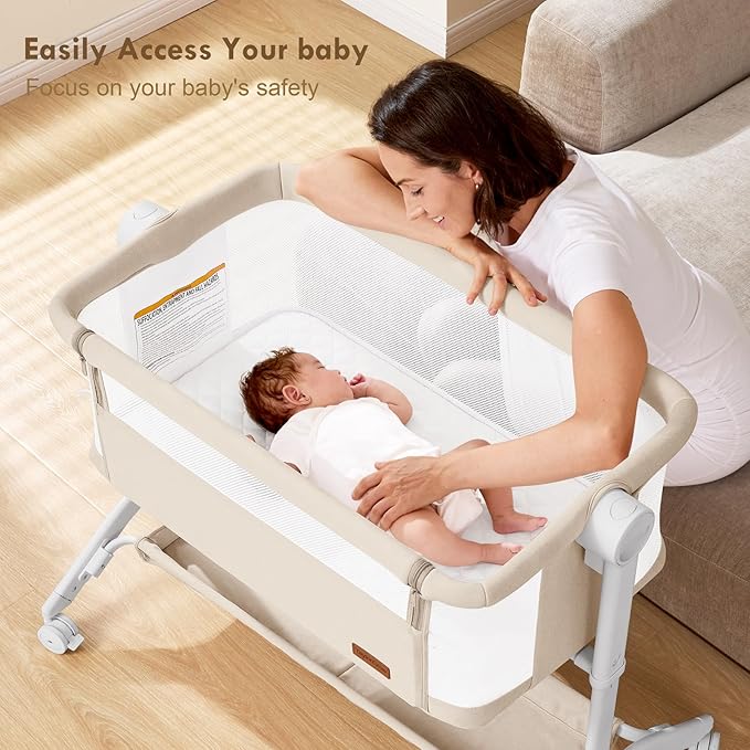 Bassinet Bedside Sleeper - All-Mesh Design, Portable Bedside Bassinet for Baby with Washable Mattress, 5 Adjustable Heights(Beige)