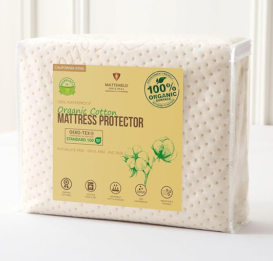 Luxury Waterproof Organic Mattress Protector Calif King - Organic Cotton Breathable Mattress Pad Cover - New 380 GSM Comfort - Deep Pocket - Jersey Cotton Skirt - Fitted Comfort