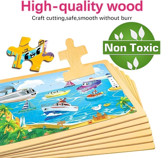 Wooden Vehicle Puzzles for Kids Ages 4-6,6 Pack 60Pcs Jigsaw Wooden Car Puzzles for Toddlers 3-5,Preschool Educational Toys Gifts for Children Ages 4-8,Kids Learning Toys for 4+ Year Boys Girls