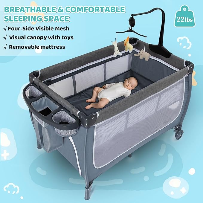 SIMPLGIRL Bedside Bassinet for Baby, 4 in 1 Pack n Play Bassinet Bedside Sleeper Baby Crib with Mosquito Net,Toys & Music Box, Mattress, Foldable Playard for Newborn to Toddles