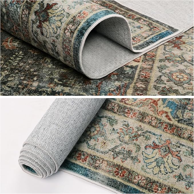 Dripex Hallway Runner Rug 2x10, Washable Rug Kitchen Rug Non Slip with Rubber Backing Soft Thin Vintage Carpet Runner for Entryway Bedroom Bathroom Laundry Room Living Room Decor, Blue/Green