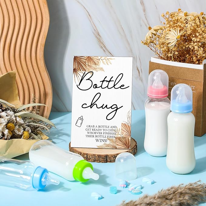 Roowest Bottle Chug Baby Shower Game Favors 12 Pcs Baby Bottles Shower Favor with 1 Wooden Sign for Gender Reveal Party Supplies Gifts(Boho)