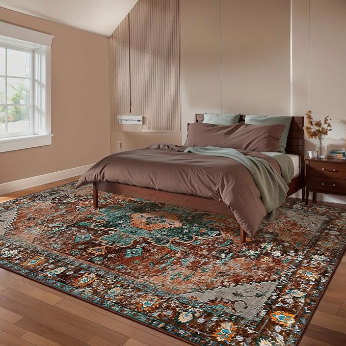 Ciicool Vintage Area Rug 8'x10' Oriental Print Rugs for Bedroom, Living Room, Under Table, Office, Entryway - Brick Red/Dull Teal