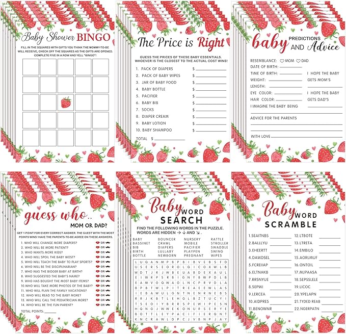 Jetec Strawberry Theme Baby Shower Games - 6 Games, 50 Sheets Each - Baby Shower Bingo, Word Scramble, Word Search, Predictions and Advice, The Price is Right, Guess Who