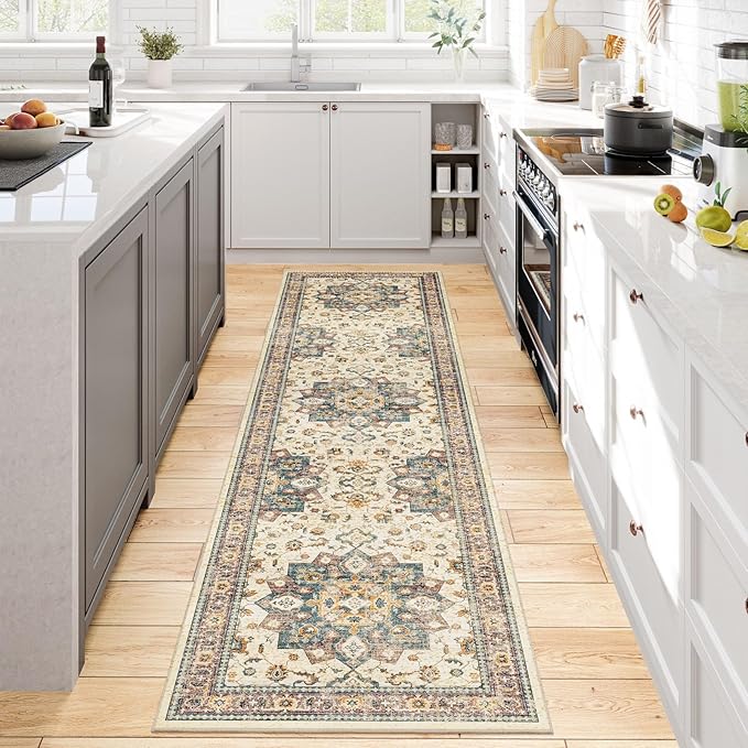 Dripex Vintage Runner Rug-2x8 Washable Distressed Hallway Oriental Medallion Carpet Runner Non-Slip Stain-Resistant Kitchen Mat Foldable Thin Accent Rug for Entrance Living Room Bedroom