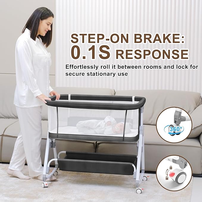 Baby Bassinet Bedside Crib, 3 in 1 Baby Bassinet Bedside Sleeper with Musical Toy, Adjustable Portable Crib All Mesh Bedside Bassinet with Storage Basket, Black