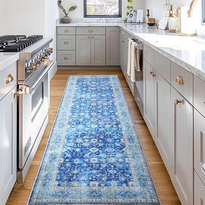 Runner Rug 2'x6' Hallway Washable Boho Rug Soft Area Rug Non-Slip Non-Shedding Faux Wool Vintage for Kitchen, Entryway, Laundry, Bedroom, Indoor (Blue)