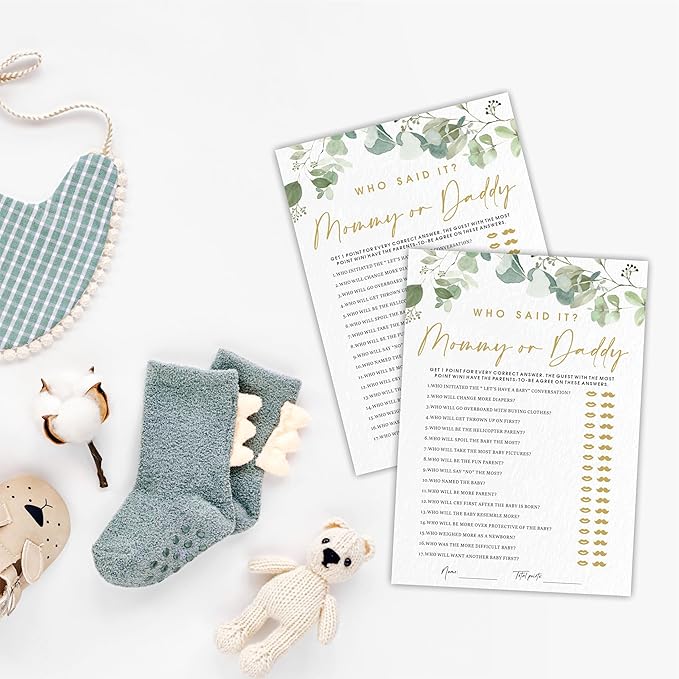Guess Who Said It? Mommy Or Daddy Baby Shower Game Cards - Golden Greenery - 30 Double-Sided Fill In Style Game Cards For Gender Reveal, Baby Announcement, Party Games & Activity - D04