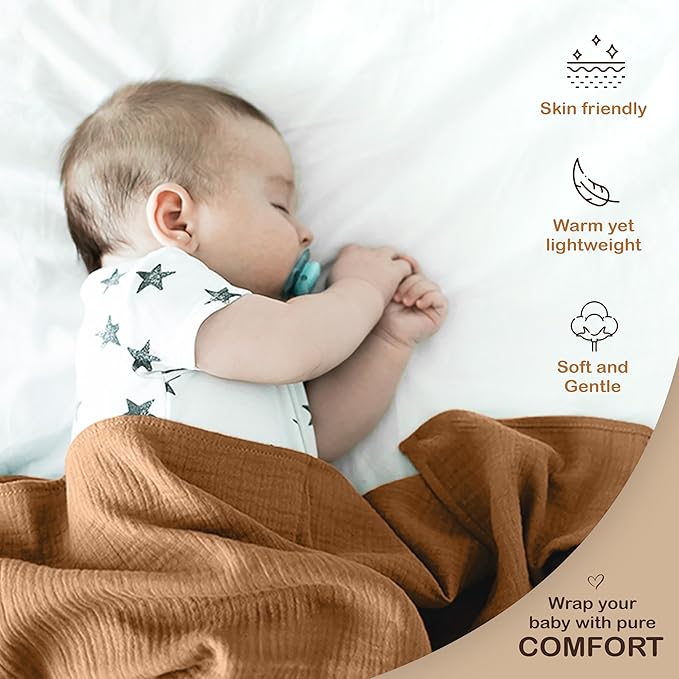 Organic Cotton Muslin Baby Blanket - 47x47 Inch Breathable Swaddle, Hypoallergenic Double-Layer, Versatile Use (Gold/Sage, 47x47 Inch)