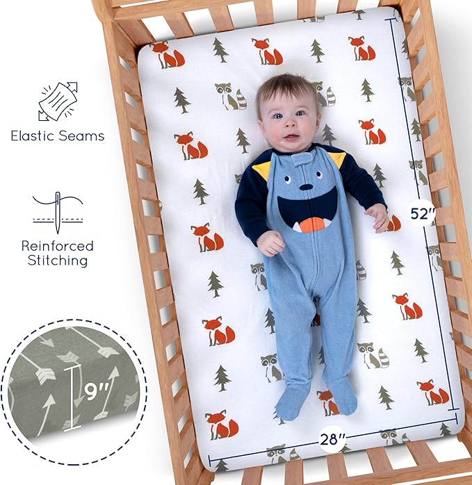 Fitted Unisex Crib Sheets (3 Pack) by GROW WILD - Jersey Knit Cotton Crib Sheets for Boys or Girls, 52β x 28β x 9β Crib Bedding Set (Forest Fun)
