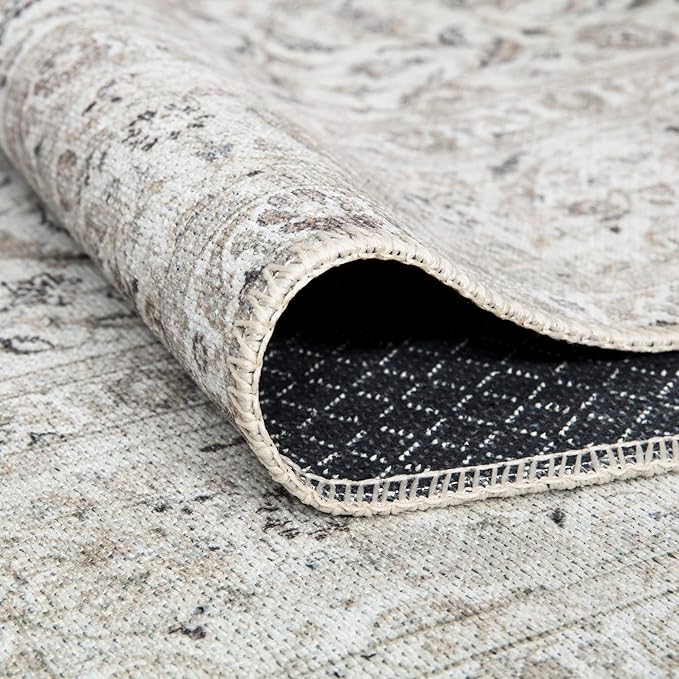 Bloom Rugs Washable Non-Slip 7 ft Runner - Beige/Off White Traditional Bordered Runner for Entryway, Hallway, Bathroom, and Kitchen - Exact Size: 2.5' x 7'