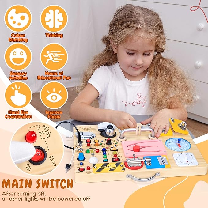 25 in 1 Busy Board with 13 LED Light Switches and 12 Activity, Montessori Toys for 1 2 3 Years Old, Wooden Sensory Board, Toddlers Travel Toys for 1+ Year Old Boy & Girl Birthday Gift(Extra-Large)