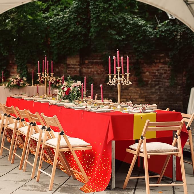 8Pack Disposable Plastic Party Tablecloths and Satin Table Runner Set Red and Gold Dot Table Cloth Gold Satin Table Runner for Wedding Birthday Baby Shower Anniversary Holiday Party Decorations