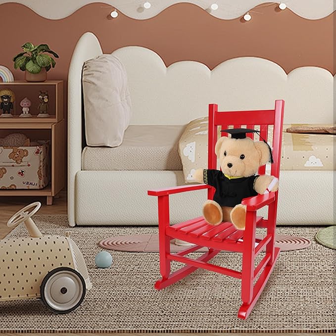 Kids Rocking Chair for Toddlers and Children Comfy Recliner Wooden Rocker for Baby Girls Outdoor Lounge Chair for Kids Age 6-10 Indoor Christmas Gift Red