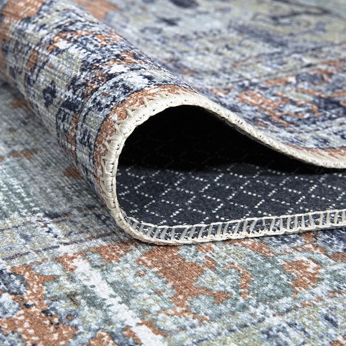 Bloom Rugs Washable Non-Slip 7 ft Runner - Peach/Blue Traditional Runner for Entryway, Hallway, Bathroom, and Kitchen - Exact Size: 2.5' x 7'
