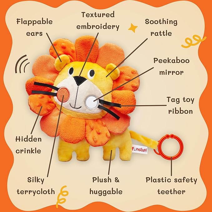 Roary The Lion Crinkle Toy for Baby - Sensory Tummy Time Toys - Plush Stuffed Animal with Teething Toy Chew Ring